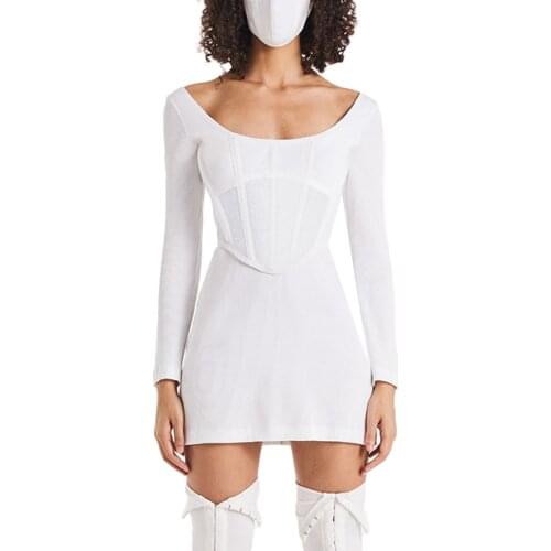 2021 Ladies Sexy U-neck Dress Summer Autumn Women Temperament Solid Color Fishbone Splicing Long Sleeve Slim Short Skirt