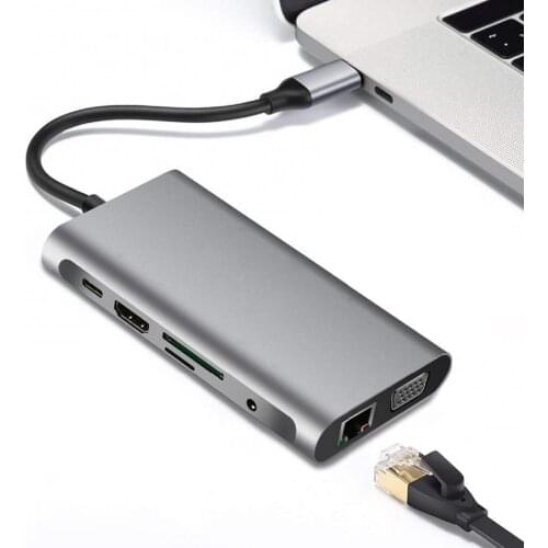 10 in 1 USB Type C HubTo HDMI-compatible 4K VGA Adapter RJ45 Lan Ethernet SD TF PD USB3.0 3.5mm Jack Audio Video for MacBook