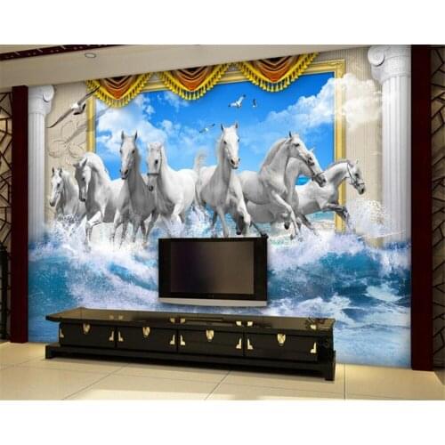 Beibehang 3D wallpaper beautiful blue sky sea running horse background living room bedroom TV background wallpaper for walls 3 d