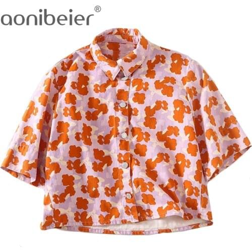Aonibeier Floral Print Women Denim Shirt Summer Fashion Short Sleeve Turn Down Collar Button Front Casual Female Loose Blouses
