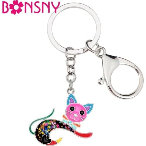 Bonsny Enamel Alloy Jumping Kitten Cat Key Chain Keychain Rings Cartoon Animal Jewelry For Women Girls Teen Bag Car Purse Charms