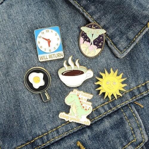 Children Cartoon Jewelry New Cute Clock Egg Coffee Sun Dinosaur Enamel Pins Daily Brooch Lapel Badge Bag Gift for Friends