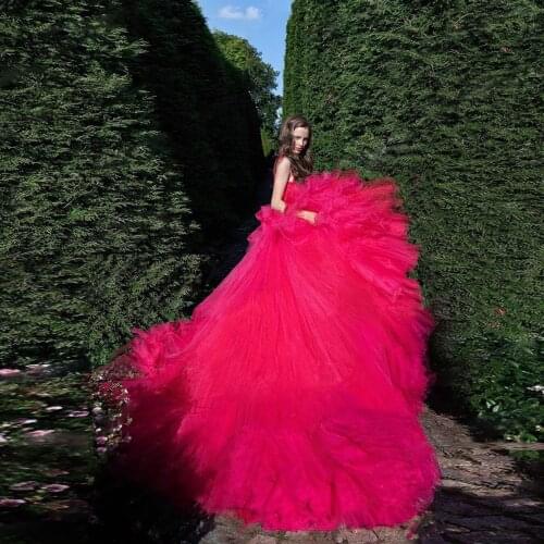 Fuchsia Sexy Party Dress Backless Tulle Tiered Ruffles Extra Puffy Mesh Party Gowns Dress vestido de fiesta longo