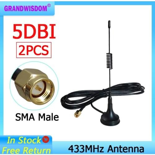 2pcs 5dbi 433Mhz Antenna 433 MHz antena GSM SMA Male Connector with Magnetic base for Ham Radio Signal Booster Wireless Repeater