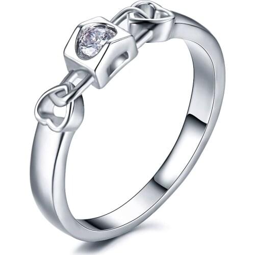 Hainon Silver Color White Sweet Love Heart Lock Rings For Women Simple Wedding Engagement Party Jewelry Rings Distribution