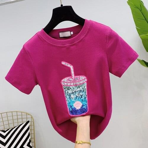 Cotton Summer Woman Tshirts Sequins Cartoon Cup Appliques Short Sleeve T Shirt Women Korean Fashion Casual Tee Tops Women
