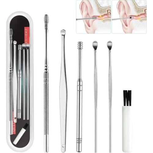 6PCS/SET Ear Wax Pickers Stainless Steel Earpick Wax Remover Curette Ear Pick Cleaner Ear Cleaner Spoon Care Ear Clean Tool