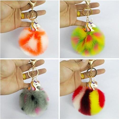 Anime Multi-Color Unicorn Party Key Ring Pendant With Fluffy Pom Pom Keychain Pendant Cartoon Unicorn Toy For Girls Bag Pendant