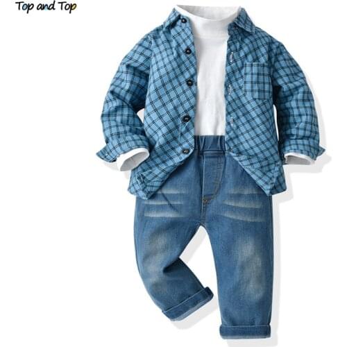 Top and top 2021 Fahion Kids Boys Casual Clothing Set Toddler Boys Long Sleeve White Tshirt+Shirt+Jeans Pants 3PCS Outfit
