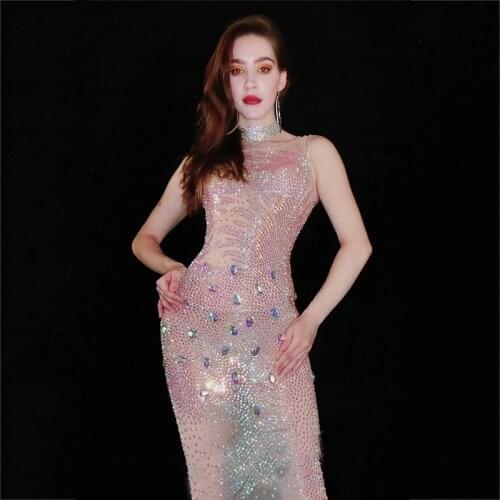 Colorful Rhinestone Mesh Stretch Long-Sleeve Dress Women Evening Dresses Stage Drag Queen Costumes Festival Clothes XS2609