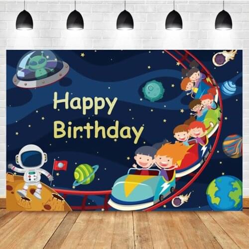 Laeacco Space Roller Coaster Cartoon Astronaut Baby Birthday Banner Backdrop Photographic Photo Background For Photo Studio