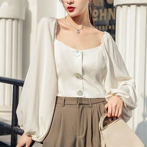 New 2020 Autumn Womens Blouse Puff Sleeve Single-breasted Korean Style Casual Elegant Shirts Wild Tops