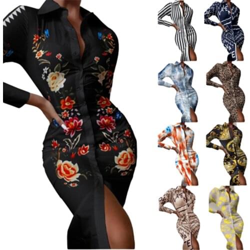 Autumn Women Letter Print Long Shirt Dress Fashion Lapel Long Sleeve Slim Hip Party Maxi Dresses For 2021 Lady Bodycon Vestidos