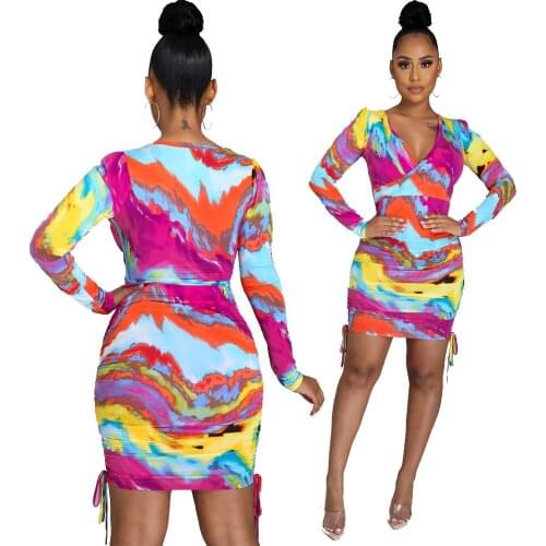 Women Sexy Fashion V-neck Dress Multicolor Tie-dye Printed Long Sleeve Sheath Mini Dress High Waist Pleated Bodycon Party Dress