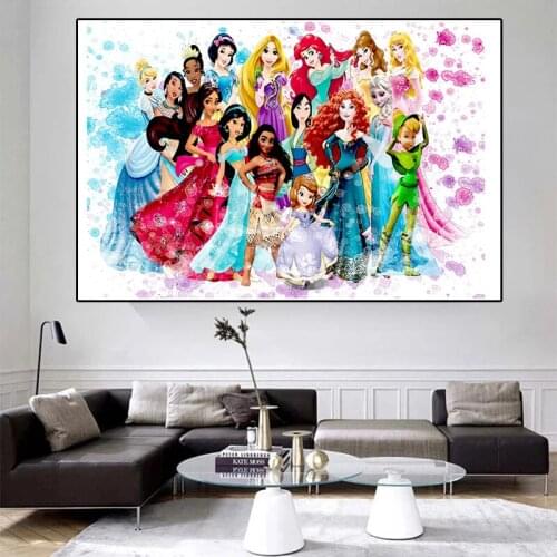 Disney PRINCESSES Cartoon Poster Canvas Print Nursery Girls Birthday Gift Watercolor Princess Painting Baby Girl Room Wall Decor