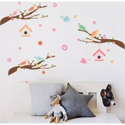Lovely Birds Singing On Tree Branch Wall Stickers Kids Room Decoration Cartoon Safari Mural Art Home Decal Animal Poster