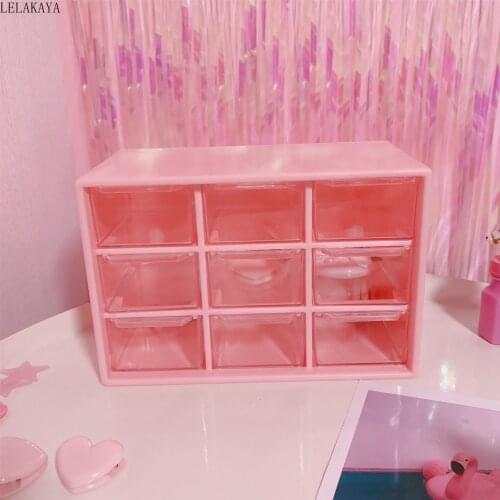 9 Grid Pink Plastic Jewelry Box Sakura Desktop Drawer Debris Cabinet Women Girl Cosmetic Lipstick Makeup Organizer Storage Boxes