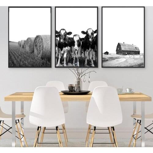 Farm Animal Cow Black White Photography Posters and Prints Barn Hay Bales Wall Art Canvas Painting Pictures Home Kitchen Decor