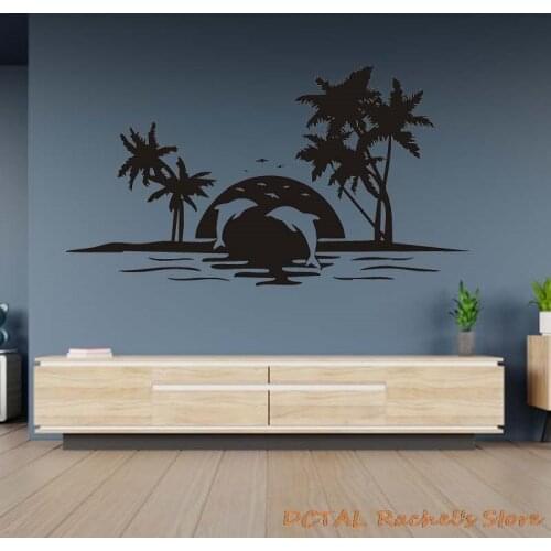 Tropical Island Resort Seashore Sticker Palm Seagull Dolphin Silhouettes Home Decor Vinyl Decal Coconut Tree Living Room Bedroom