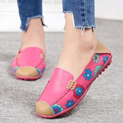 Pu Leather Women Flats Boat Shoes Comfortable Soft Gommino Flats Fashion Flowers Printing Flat Slip On Shoes
