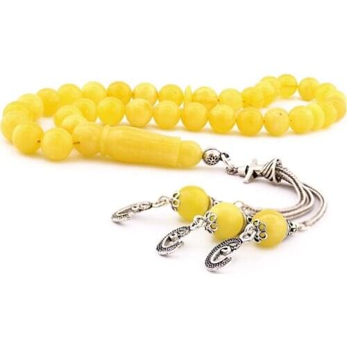 Yellow Amber Prayer Drop With Silver Men Rosary With Silver Tassel Islamic Tasbih With Arabic Letter Vav Tassel 925k Silver