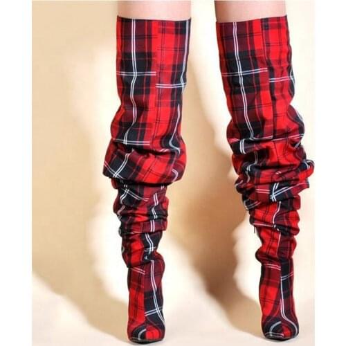Big Size 44 Plaid Print Side Half-zip Over Knee High Pile Of Boots For Women Stiletto Ladies Pointed Toe Thigh High Long Booties