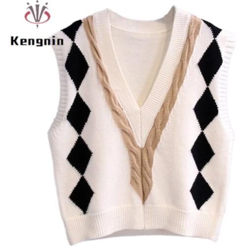 Patchwork Argyle Women V-Neck Vest 2021 Autumn Winter Tank Knitted Sleeveless Pullovers Lazy Style Female Tops One Size KE1862