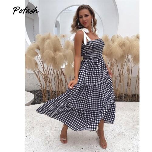 Pofash Plaid Spaghetti Strap Sexy Dresses Woemn Bandage Bow Backless Ruffle Loose Midi Dress Strech Waist Party Beach Vestidos
