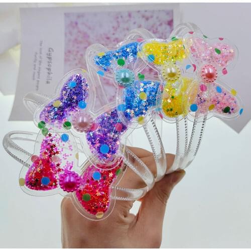2PCS Girl cute quicksand bow hair hoop hair accessories Classic cartoon bow hair clips New arrival clear glitter bow hair band