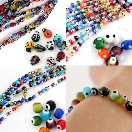 20-67Pcs/Lot Mix Color Mushroom Ladybug Beads Round Evil Eye Beads Lampwork Glazed Glass Beads for Bracelet DIY Jewelry Making