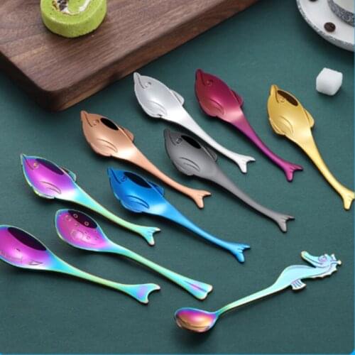 5 pack personalized dolphin sea horse small spoon for coffee 304 stainless steel tea honey spoon kawaii small dessert spoons