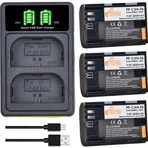 3x LP-E6 LP E6 LPE6 Battery 2600mAh +Type-C Dual LED USB Charger for Canon EOS 5D Mark II III 6D 7D 60D 70D 80D EOS 5DS R Camera