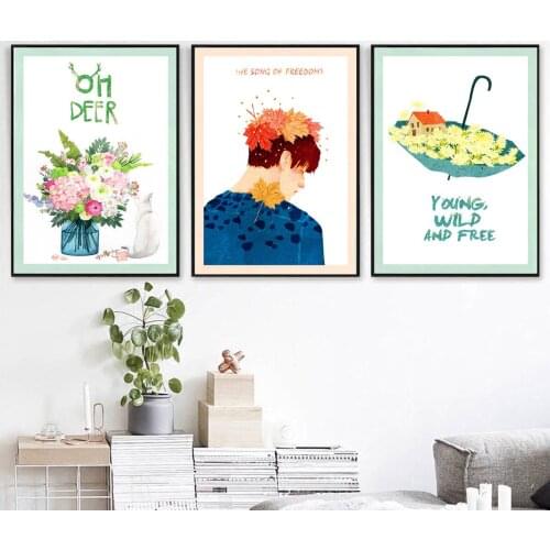 Watercolor painting Plants Flowers Umbrella Poster Canvas Print Painting Wall Art Living Room Home Decoration