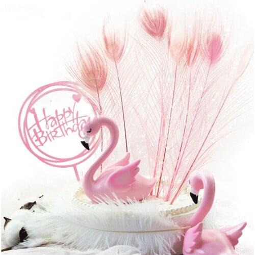 Amawill Pink Flamingo Happy Birthday Cake Topper Peacock Feather for Flamingo Birthday Cupcake Toppers Wedding Decor 75D
