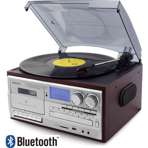 3 Speed Bluetooth Vinyl Record Player Vintage Turntable CD&Cassette Player AM/FM Radio USB Recorder Aux-in RCA Line-out