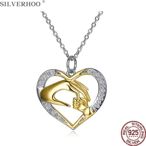 SILVERHOO 925 Sterling Silver Forever Love Gold Color Pendant Necklaces For Women Trendy Heart Necklace Anniversary Jewelry