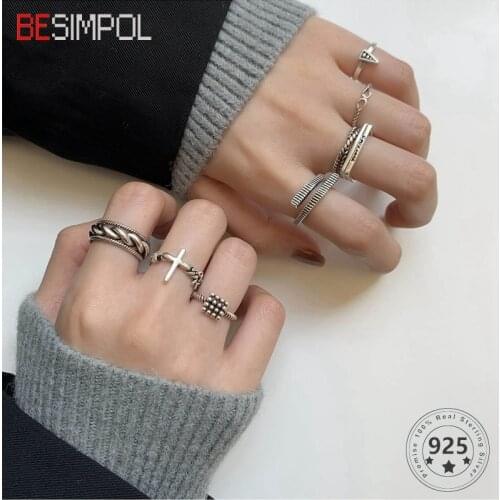 Besimpol Real 925 Sterling Silver Vintage Ring Individual Simple Adjustable Opening Rings For Women Luxury Fine Jewelry Gifts