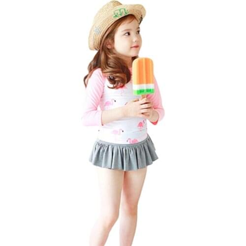 Girls Two Pieces Swimsuit 1-12Y Kids Rash Guard Pink Flamingo Child Long Sleeve Surf Wear Baby Swimpool Suit with Swim Cap