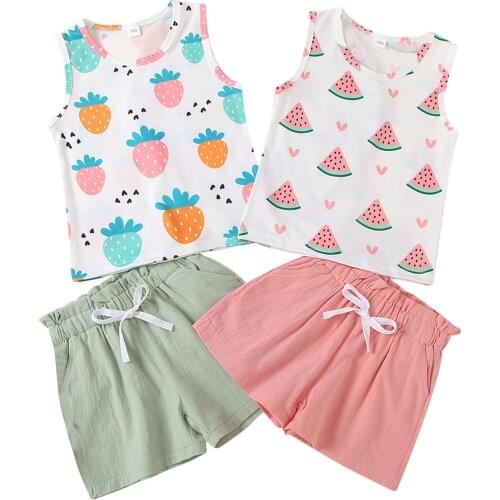 New Baby Girls Summer Clothes, Sleeveless Cartoon Fruit Print T-Shirt + Elastic Shorts 2PCS Outfits Set