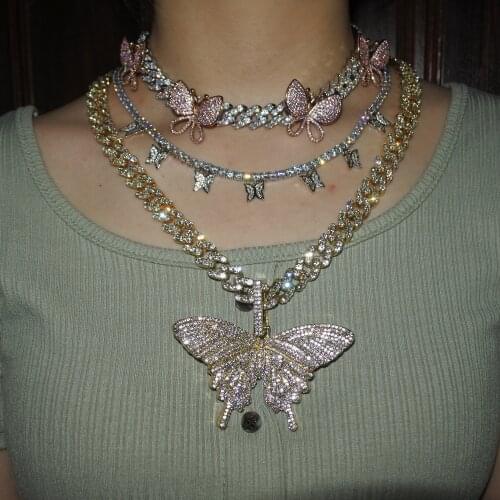 Miami Cuban link chain spinning butterfly charm pendant choker men women hip hop CZ necklace iced out bling rap rock jewelry