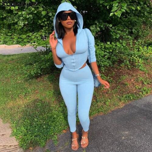 XUANSHOW Fashion Outfit Womens Two Piece Set Sexy Waisted Thin Long Sleeve Zipper Hooded Crop Coat+Long Pants Suit Ropa De Mujer