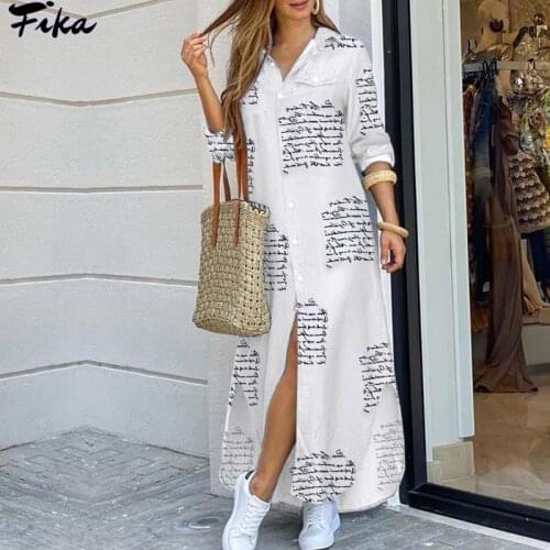 Fashion 2021 Women Shirt Dress Long Sleeve Summer Printed Long Dresses Laides Turn-down Collar Loose Sundress Party White Dress