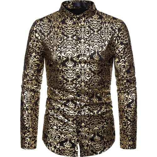 Luxury Bronzing Floral Shirt Men 2021 Fashion Mandarin Collar Long Sleeve Mens Dress Shirts Casual Slim Fit Business Men Shirt