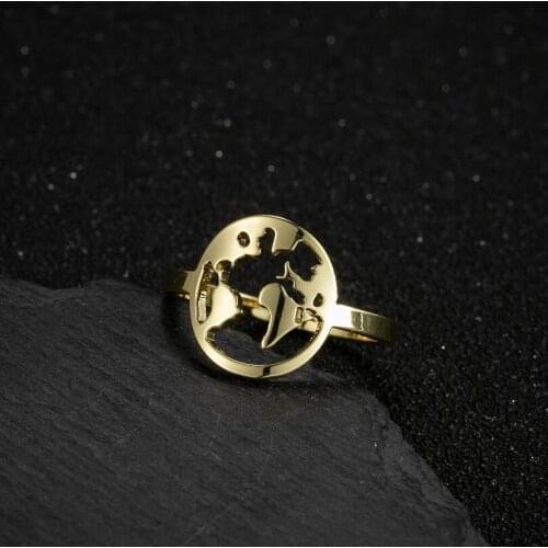Jisensp Geometric Stainless Steel Ring Retro World Map Adjustable Finger Rings Statement Jewelry for Women Men Travel Gift
