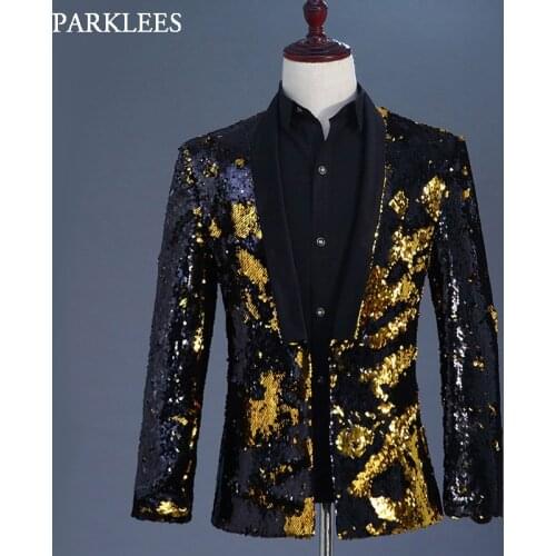 Gold Black Sequin Glitter Blazer Jacket Men Fashion Shawl Collar Mens Flipping Blazers Stage Prom Nightclub Singer Costumes Suit