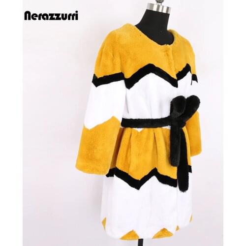 Nerazzurri Winter Multicolor Contrast Color Faux Fur Coat Women 3/4 Sleeve Sashes Colorful Stylish Warm Soft Korean Fashion 2021
