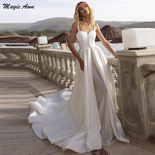 Magic Awn 2021 Princess 2 In 1 Wedding Dresses Beach Shiny Sweetheart Satin Tulle Wedding Party Gowns A-Line Boho Robe De Mariee