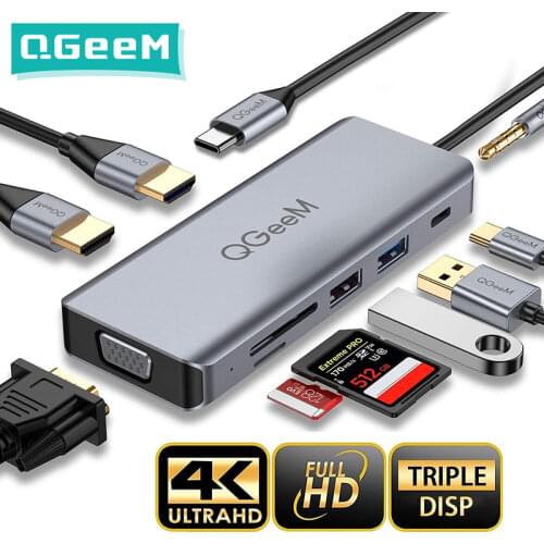 QGeeM USB C Hub for Macbook Pro Air Dual HDMI VGA Micro SD Card Readers Aux PD OTG Multi USB Hub 3.0 Type C Adapter for Notebook