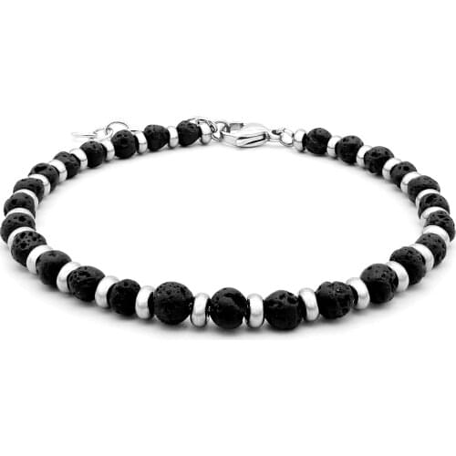 Runda Fashion Men And Women Natural Stone Beaded Bracelet Black Lava And Stainless Steel Ring Yoga Jewelry Couple Holiday Gift