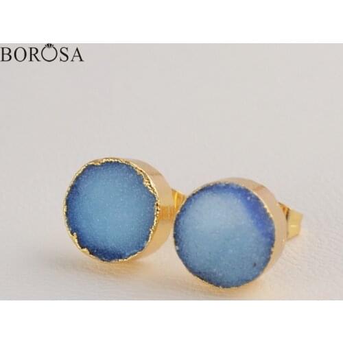 BOROSA Dropship Agates Druzy Stud Earrings Dyed Color Round Square Druzy Geode Gems Stone Earrings